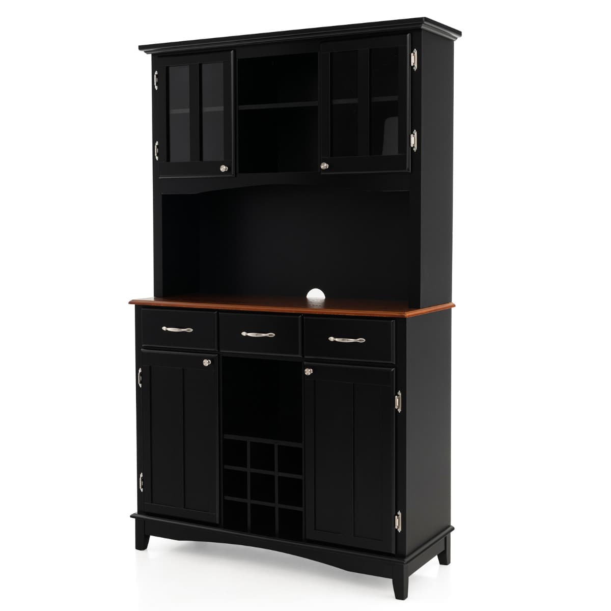 CostwayBuffet de Cuisine avec Vaisselier Armoire de Rangement de Cuisine avec Cabinet en Verre Trempé Porte-Bouteilles Étagères Réglables Noir