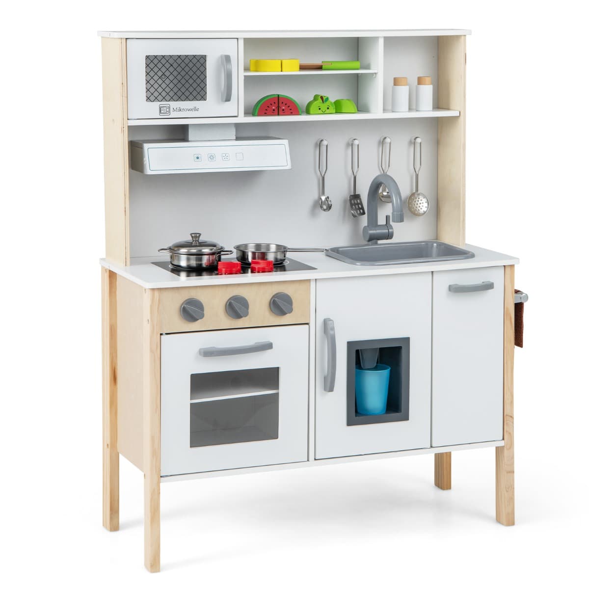 CostwayCuisine Enfants en Bois 3-6 Ans 18 Accessoires avec Évier Micro-ondes Blanc Dispositif Anti-basculement