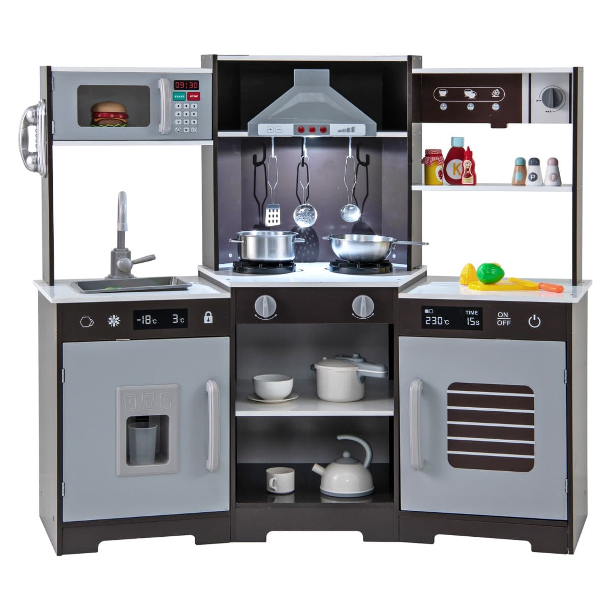 CostwayCuisine de Jeu pour Enfants de 3 Ans+ Jouets en Bois Avec Hotte Machine à Glaçons Evier Robinet Micro-ondes Four Ustensiles Sons Marron
