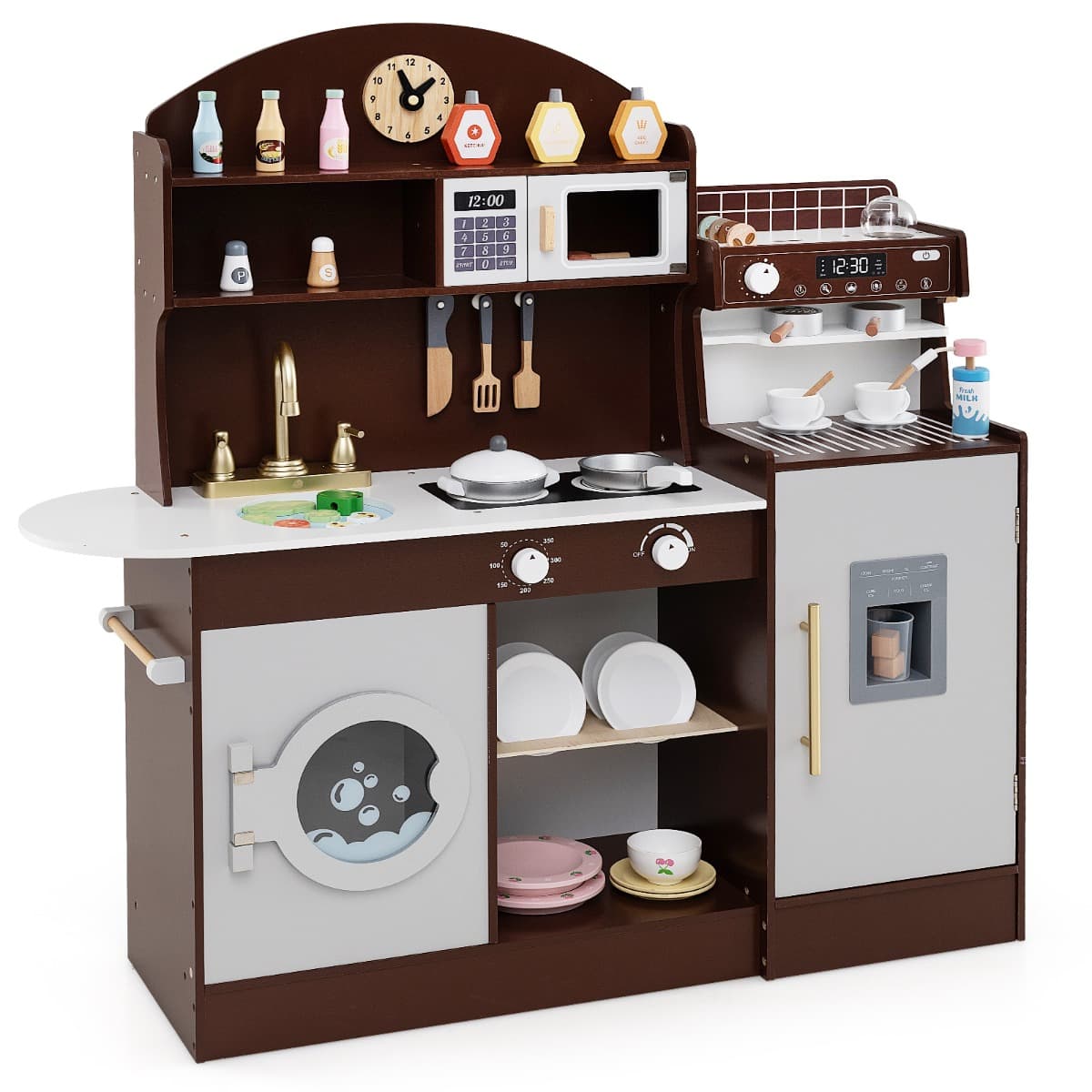 CostwayEnsemble de Cuisine en Bois pour Enfants avec Horloge Micro-ondes Évier Égouttoir Machine à Laver Fabricants de Glace pour 3+ Ans Marron